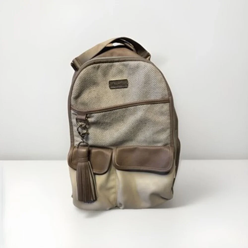 Itzy Ritzy Taupe Cream Faux Leather Chevron Diaper Backpack Bag with Pockets